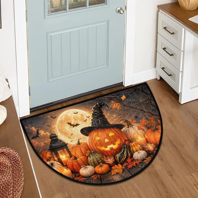 Halloween Half Round Door Mat Outdoor Doormat Bedroom Entrance Rug A7 | Halloween Pumpkin Semi Moon Door Mat Non-Slip Absorbent Kitchen Rug Indoor Welcome Bath Mat 36" X 24"