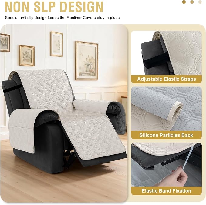 H.VERSAILTEX 100% Waterproof Recliner Chair Covers, Recliner Covers Non-Slip Stay in Place, Thick Cover for Recliner Chair with Pocket, Dog Couch Cover Protector Washable(Beige, 30")