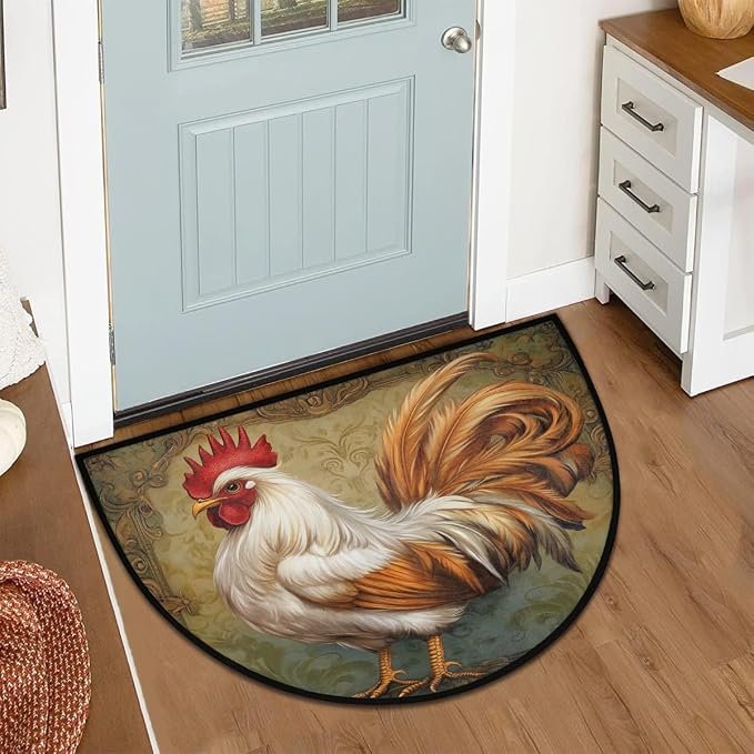 Rooster Half Round Doormat Semi Circle Rug Half Moon Rug Entryway Mat | Rooster Vintage Washable Non Slip Outdoor Floor Rug Kitchen Mat for Indoor Outdoor Bathroom Fireplace Bath Decor