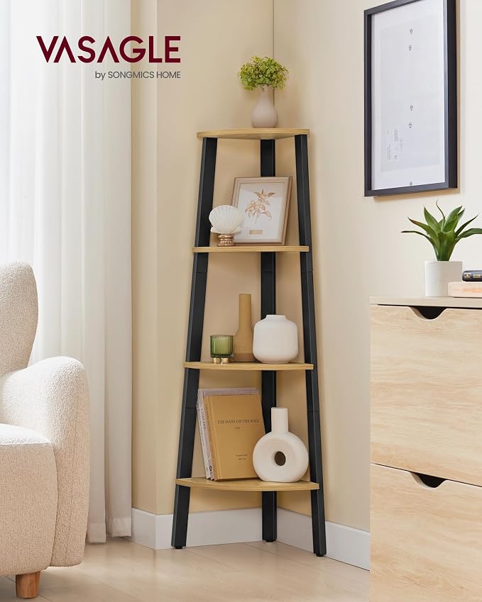 VASAGLE Corner Shelf Stand, 4-Tier Corner Bookshelf, Modern Basic Ladder Shelf, Plant Stand for Living Room, Office, Kitchen, Straw Yellow and Matte Black ULLS034YB01S