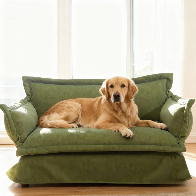 2-in-1 Human & Pet Dog Sofa, Solid Pine Wood Frame with Supportive Foam, Indoor Modern Pet Furniture(White)