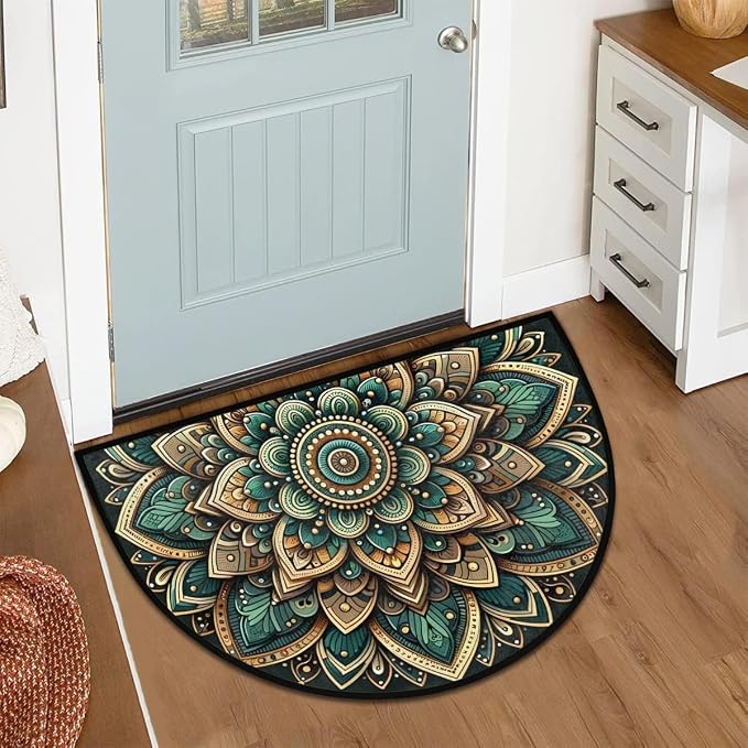 Mandala Ethnic Flower Half Round Door Mat Half Moon Rug Washable Half Circle Area Rugs Indoor Entrance Non Slip Semi Circle Bathroom Rugs Floor Carpet for Kithen Bedroom Fireplace Decor