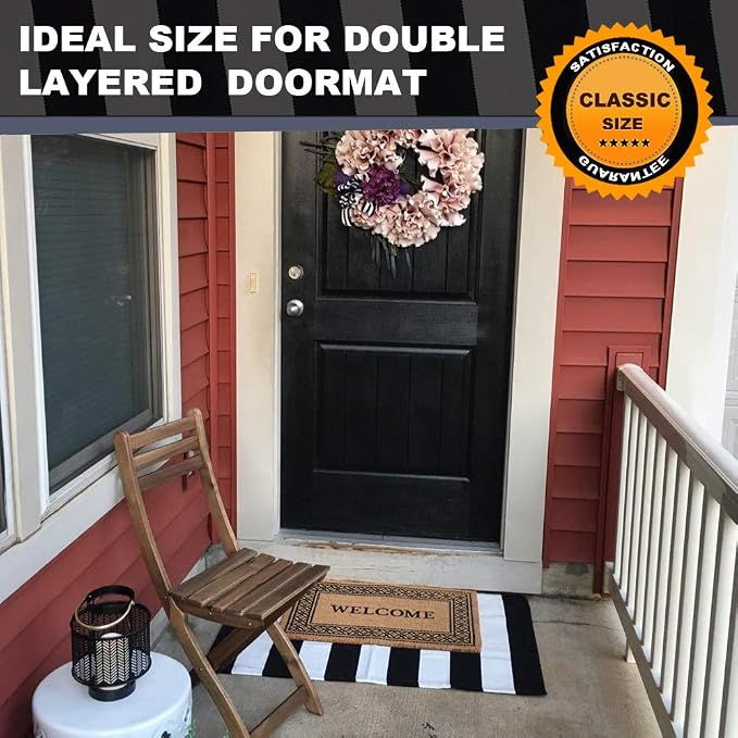 KaHouen Black and White Striped Rug (23.6 x 35.4 Inches), Indoor Outdoor Striped Doormats, Handmade Woven Farmhouse Layered Door Mats Striped Mat for Front Door/Kitchen/Laundry/Bathroom/Living Room