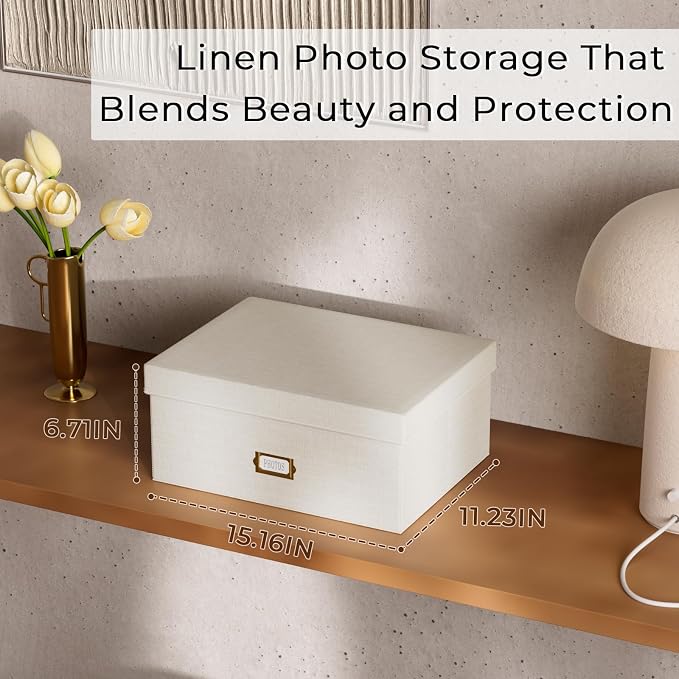 Decorative Photo Storage Box, Linen Photo Box Holds 1700 5x7 Pictures Beige | Photo Storage Containers with 8 Dividers, Memory Keepsake Organizer for Photos, Scrapbook Supplies, Cards, Stamps,Archive Box