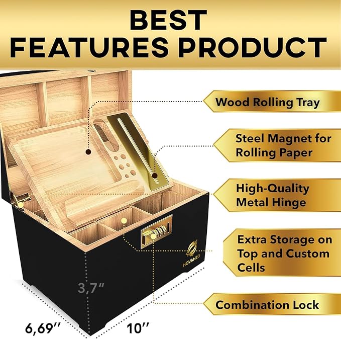 HOVANZO Premium Large Bamboo Storage Box with Organizer Tray - Storage Wood Box and Accessories - Decorative Box with Combination Lock - Large Wooden Container - Box Kit with Glass Jars