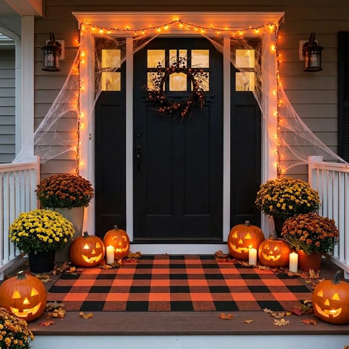 SEEKSEE Buffalo Plaid Outdoor Rug 3' x 5' Orange and Black Front Door Mat, Layering Rug for Porch, Halloween Doormat, Front Porch Rug for Outdoor Entrance Entryway Patio Porch Decor