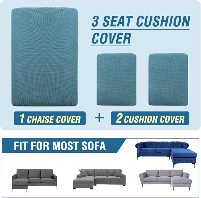 H.VERSAILTEX Sectional Couch Covers 3 Pieces Sofa Seat Cushion Covers L Shape Separate Cushion Couch Chaise Cover for Both Left/Right Sectional Couch (Seat Only: 1 Chaise + 2 Sofa, Storm Blue)