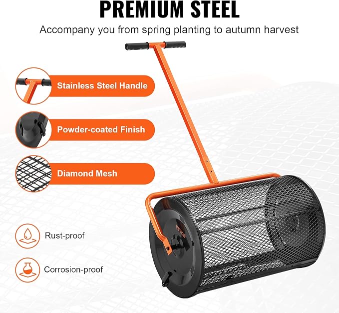 LawnMaster 16” Electric Dethatcher Scarifier and VEVOR 24” Steel Compost Spreader Bundle for Lawn and Garden
