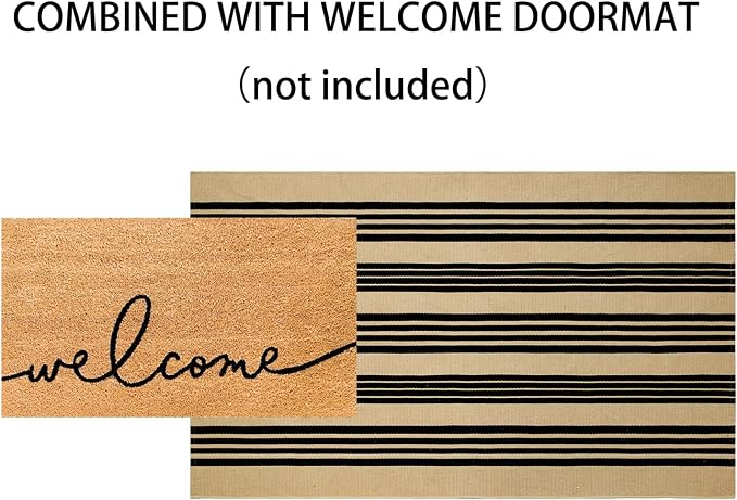 Black and Khaki Outdoor Rugs 3'x5', Washable Striped Porch Rugs Cotton Woven Indoor Outdoor Layered Door Mats Small Area Rug for Home Entrace Decor/Bedroom/Entryway