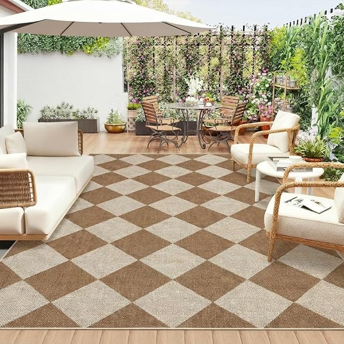 Garvee 6x9 Easy Jute Outdoor Balcony Rugs, Modern Diamond Living Room Rugs with Rubber Backing Washable, Non Shedding Stain Resistant Geometric Mats for Bedroom, Entryway, Porch, Patio, Coffee/White