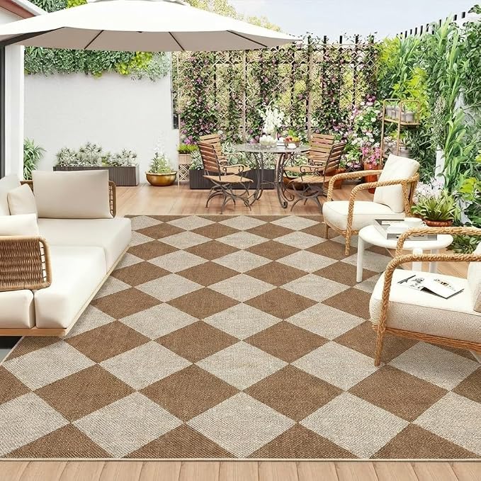 Garvee 5x7 Easy Jute Outdoor Balcony Rugs, Modern Diamond Living Room Rugs with Rubber Backing Washable, Non Shedding Stain Resistant Geometric Mats for Bedroom, Entryway, Porch, Patio, Coffee/White