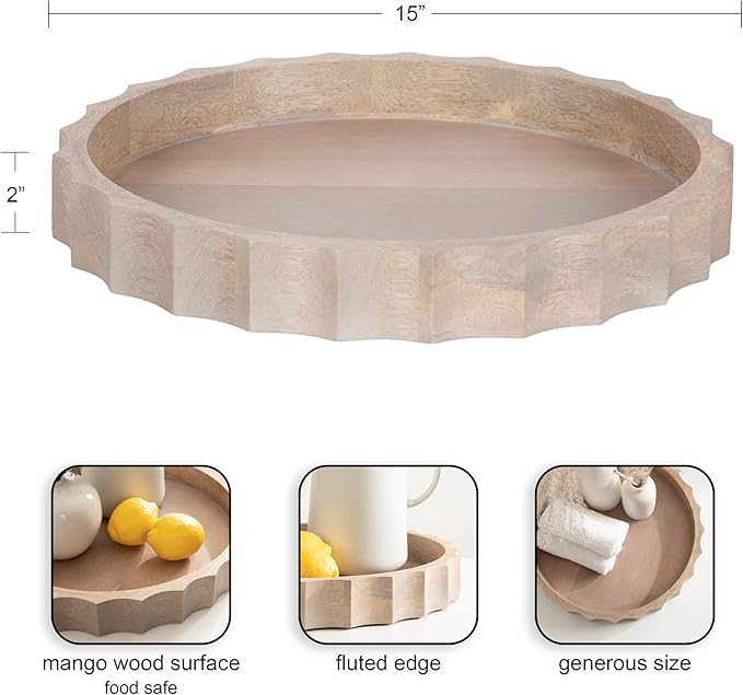 Kate and Laurel Lissi Decorative Round Tray with Wavy Design; 15 Inch Diameter; Natural Wood; Modern Scalloped Circle Serving Tray for Coffee Table Ottoman; Dining Table; or Entryway Tray