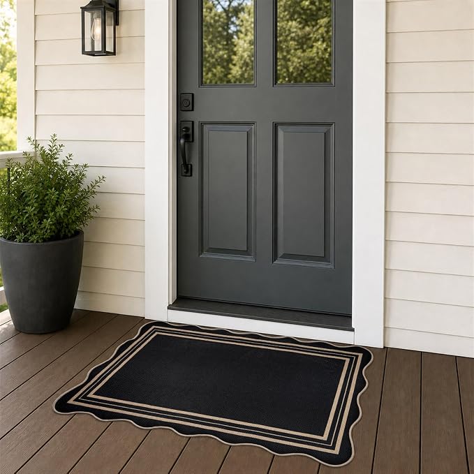 EDIMENS 2.6x4 Front Door Mat Easy Jute Scalloped Outdoor Small Entryway Rug | Non-Slip Washable Area Rug Low Pile Geometric Black Doormat Indoor Outdoor Farmhouse for Entrance Entry Front Porch Doorway