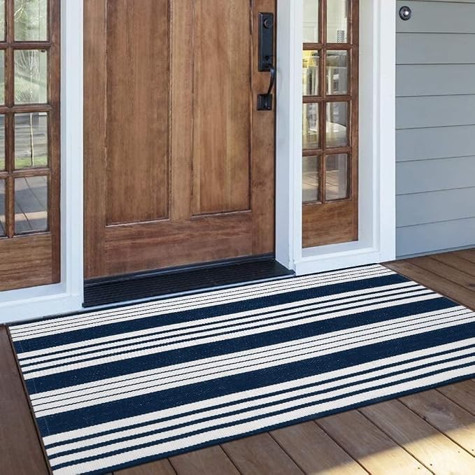 OJIA Outdoor Mats for Front Door 24"x51" Porch Rug Blue & White Outdoor Rug | Machine Washable Front Door Mat Cotton Woven Blue and White Outdoor Rugs Striped Kitchen Runner Doormat for Entry/Entrance