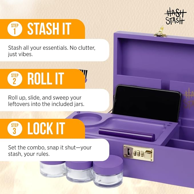 The OG Stash Storage Box - Large Bamboo with Combination Lock, Magnetic Lid, Organizer Tray, 3 Jars and Brush - Portable Decorative Wooden Lock Box Kit with Accessories (Purple/Gold)