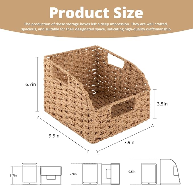 OIAHOMY Pantry Baskets for Organizing, Paper Rope Baskets with Built-in Handles, Wicker Storage Bins for Shelves, 2 Pack-Yellow