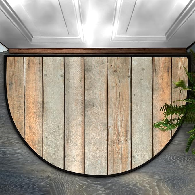 cfpolar Half Round Door Mat Brown Wood Retro Non-Slip Semi Circle Area Rug Washable Half Moon Hearth Rugs for Indoor Outdoor Bathroom Kitchen Patio Runner Mat Laundry Room Home Decoration