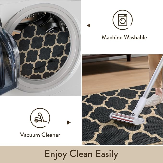 Lahome Moroccan Easy Jute Runner Rug 2x6, Black Outdoor Washable Runner Rugs for Porch Kitchen, Geometric Trellis Woven Long Carpet for Laundry, Thin Non Slip Farmhouse Porch Decor