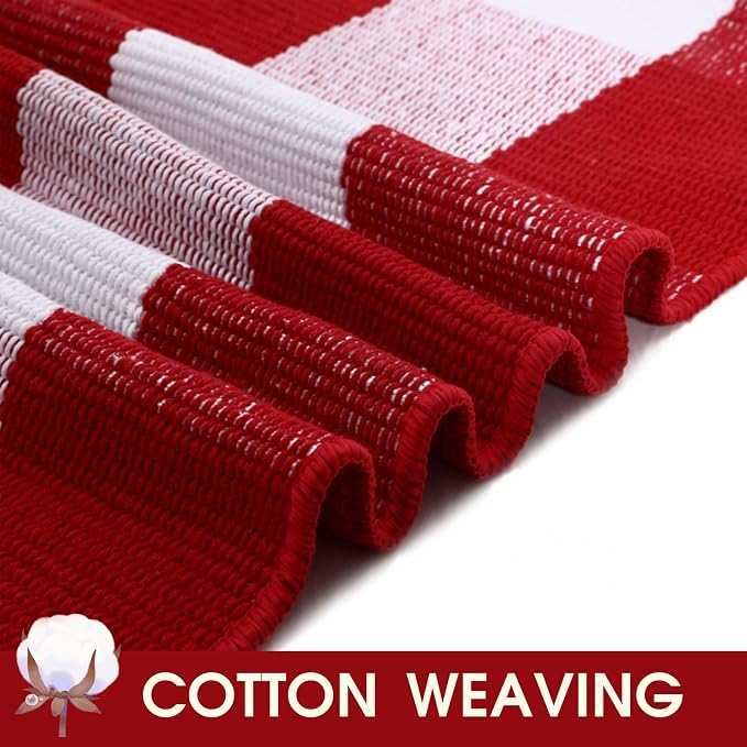 Christmas Red and White Plaid Rug - 24 x 51 Inches Outdoor Front Door Decor Mat Cotton Washable Hand-Woven Rug Christmas New Year Holiday Porch Entryway Layered Doormat
