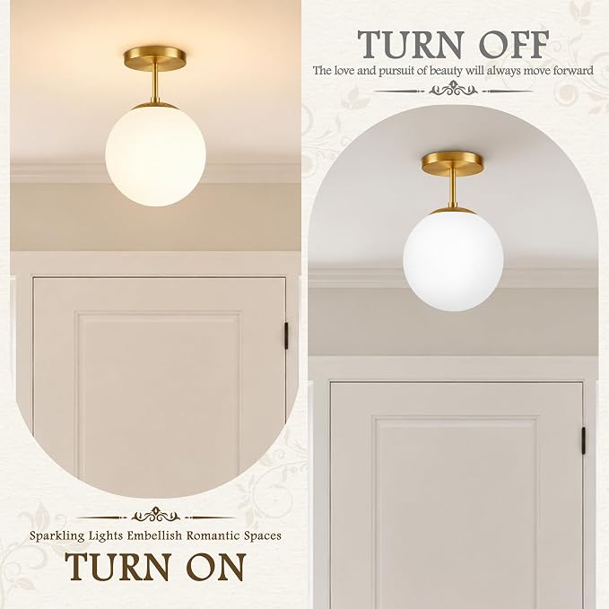 Globe Semi Flush Mount Ceiling Light Fixture Globe Ceiling Light Milk Glass Matte Gold Finish Contemporary Mid Century Modern Lighting for Hallway Living Room Kitchen Bedroom Storage(Bulb Included)