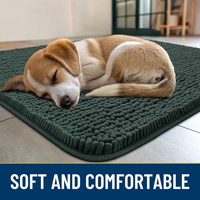 Smiry Dog Door Mat for Muddy Paws 70x24, Absorbent Dirt Trapper, Non-Slip Washable Chenille Entryway Rug for Inside Floor, Green, Classic Solid