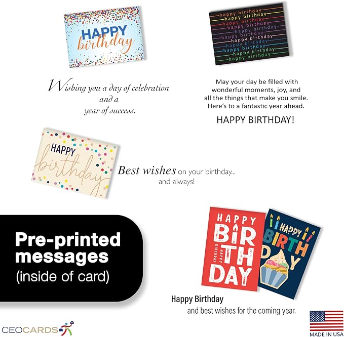 25 Happy Birthday Cards with Envelopes for Business, Family (Variety Set) | 5 Designs, Bulk 25 Pack, Birthday Greeting Card Set, 5x7 in, A7, Office, Employees, Work, Coworker, Client, Team, USA, VP2410