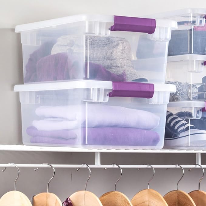 Sterilite 24-Pack ClearView Latch Box, Stackable Storage Organizer Bins for Home, 15 Quart | Clear Plastic Organizers with Color Accent Latches for Closet, Bedroom, Shelving Units, Dorm Room and Home Organization