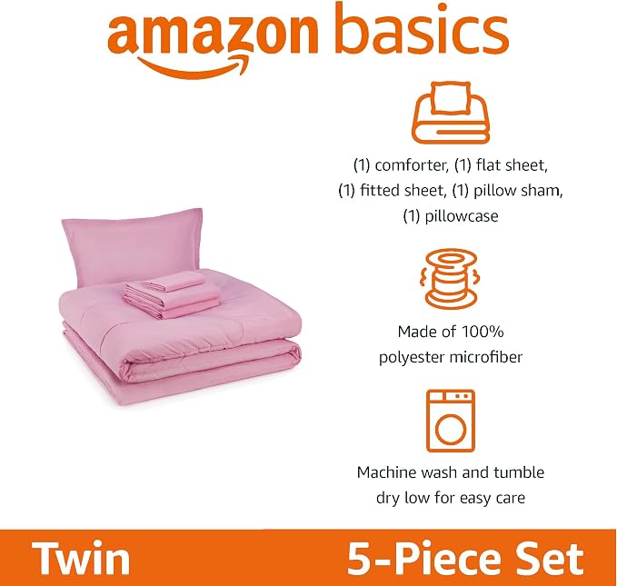 Amazon Basics 5-Piece Soft, Easy-Wash Microfiber Kid's Bed-in-a-Bag Bedding Set with Sheet and Comforter, Twin, Pink, Solid