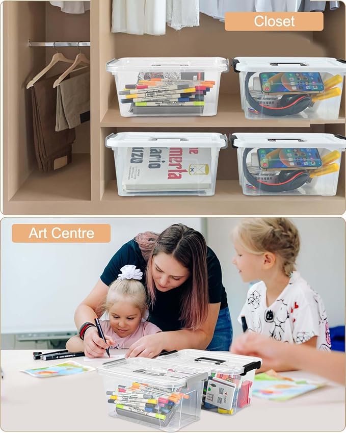 NUMIFUN 7Qt Clear Plastic Storage Bins with Lids,Transparent Design,6 Pack | Stackable organizing totes with buckle latches & handles.Dust-proof clear design for home,office & pantry space saving