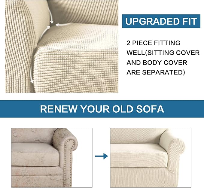 H.VERSAILTEX Loveseat Cover 2 Piece Furniture Protector Suit for T Cushion/Box Cushion Loveseat Cover for Leather, Rich Textured High Spandex Jacquard Fabric Small Checks (Natural)