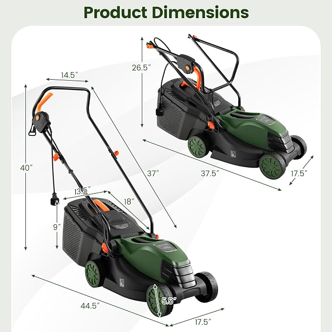 DORTALA Lawn Mower, Corded 14" Electric Push Mower, 3-Position Cutting Height Adjustment, 9.3 Gal Grass Collection Box, 12 AMP Motor, 1500W, Lightweight Walk-Behind Mower for Small Medium Yard (Green)