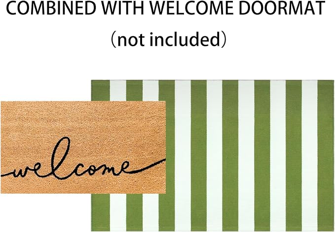 3'x5'Outdoor Rug,Striped Cotton Woven Washable Front Porch Rug Green and White Farmhouse Entry Rug Indoor Outdoor Area Rug for Porch/Home Entrace Decor/Bedroom/Layered Door Mats