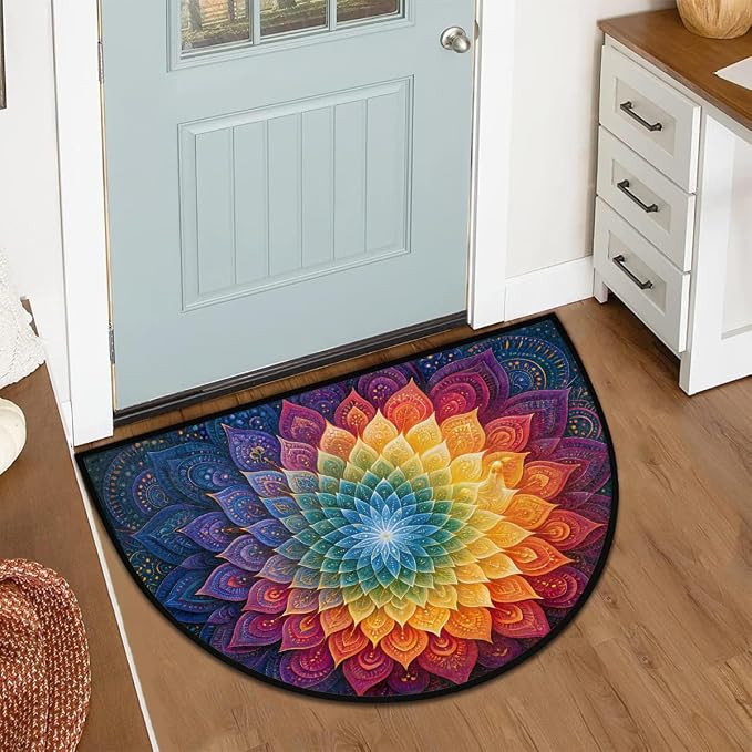 Rainbow Half Round Door Mat Semi Moon Rug Fireplace Carpet Area Rugs | Mandala Color Non Slip Absorbent Half Circle Mat Carpet for Indoor Outdoor Patio Kitchen Bathroom Entryway Home Decor