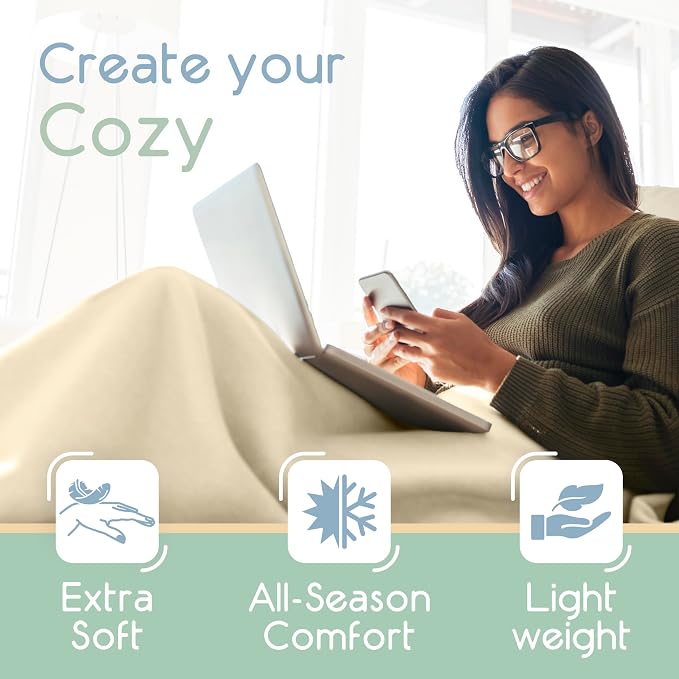 Twin Size Microfleece Blanket | Fleece Bed Blanket | All-Season Comfort| Supersoft Lightweight Throw Blanket | Plush Throw Blanket for Bed Couch or Sofa | Travel Blanket | Pet-Friendly | Ivory