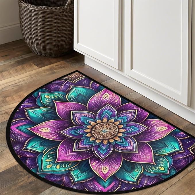 Mandala Flower Boho Color Half Round Door Mat Non-Slip Semi Circle Rug Washable Half Moon Floor Rug Absorbent Bathroom Area Rugs for Outdoor Indoor Fireplace Mat Entryway Kitchen Decor Rugs