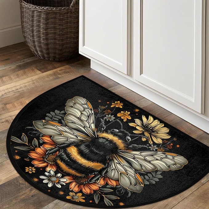 Bee Half Round Doormat Semi Circle Rug Half Moon Rug Entryway Mat | Animal Bee Flower Washable Non Slip Outdoor Floor Rug Kitchen Mat for Indoor Outdoor Bathroom Fireplace Bath Decor