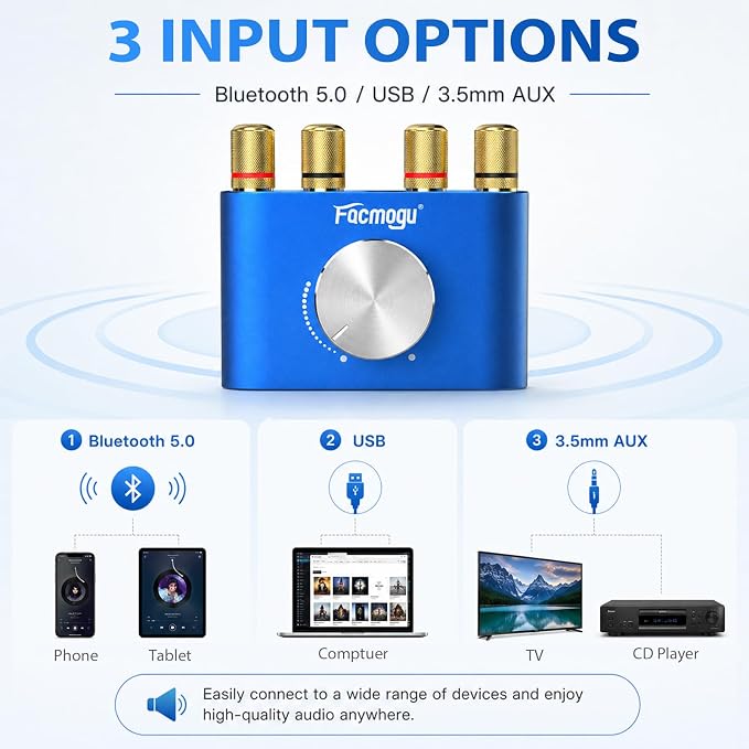 Facmogu F900S Mini Bluetooth 5.0 Power Amplifier, 2.0 CH 80Wx2 Stereo Amp | 160W Hi-Fi Digital | Portable Sound Speaker Wireless Receiver | AUX/USB/Bluetooth In | 12V Power Supply | For Home Audio