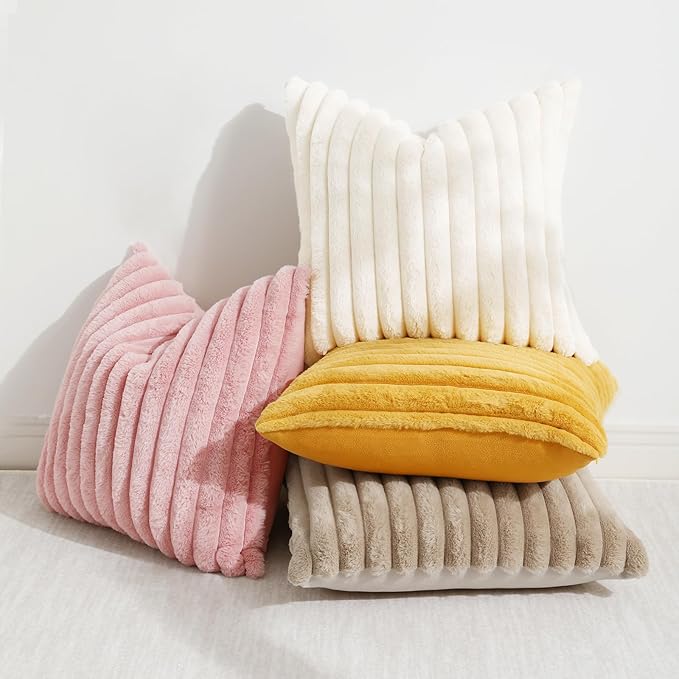 decorUhome Summer Cozy Faux Fur Throw Pillow Covers 12x20 Set of 2 Decorative Plush Striped Lumbar Modern Farmhouse Boho Couch Pillow Cases with Velvet Back for Sofa Bed Living Room, Mustard Yellow