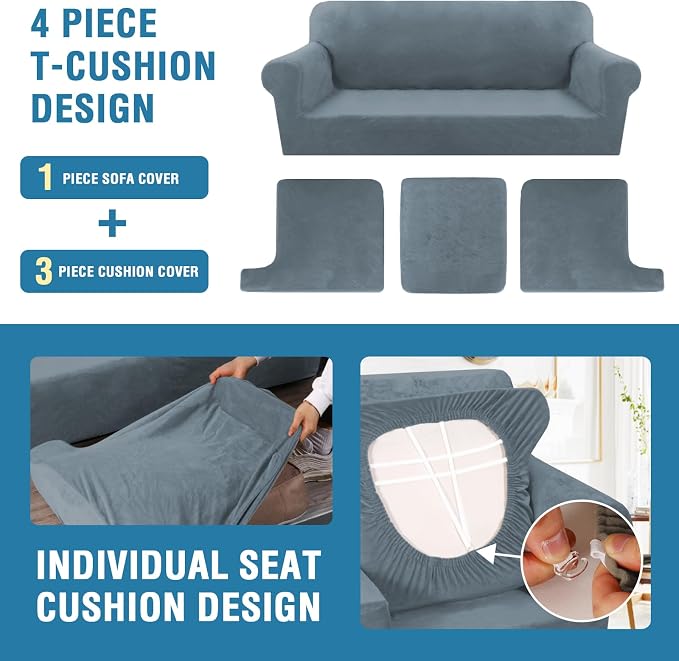 H.VERSAILTEX Sofa Cover 4 Piece T Cushion Sofa Slipcovers Thick Velvet Couch Cover Furniture Protector Stretch Sofa Covers for 3 Cushion Couch with 3 Individual Covers Washable, Stone Blue