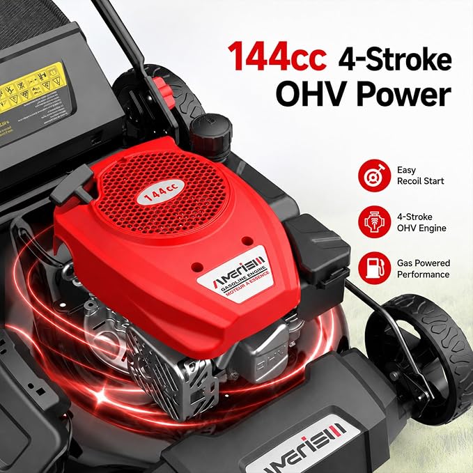 AMERISUN 21" 144cc 4-Cycle OHV Gas Push Lawn Mower,3-in-1 Walk-Behind Mower | Lightweight design with 6 height settings. Mulching, side discharge and rear bag system for backyard yard maintenance