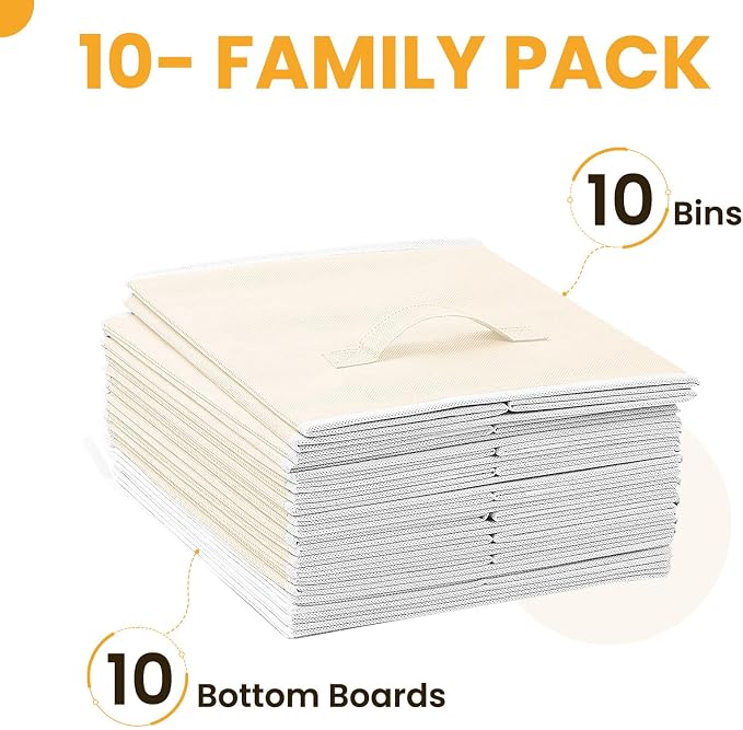 Criusia Large Storage Cubes, 13 Inch Cube Storage Bins for Shelves Closet Nursery Bedroom - 10 Pack Collapsible Storage Baskets with Handles - Fabric Bins for Organizing Magazines Clothes Toys (Beige)