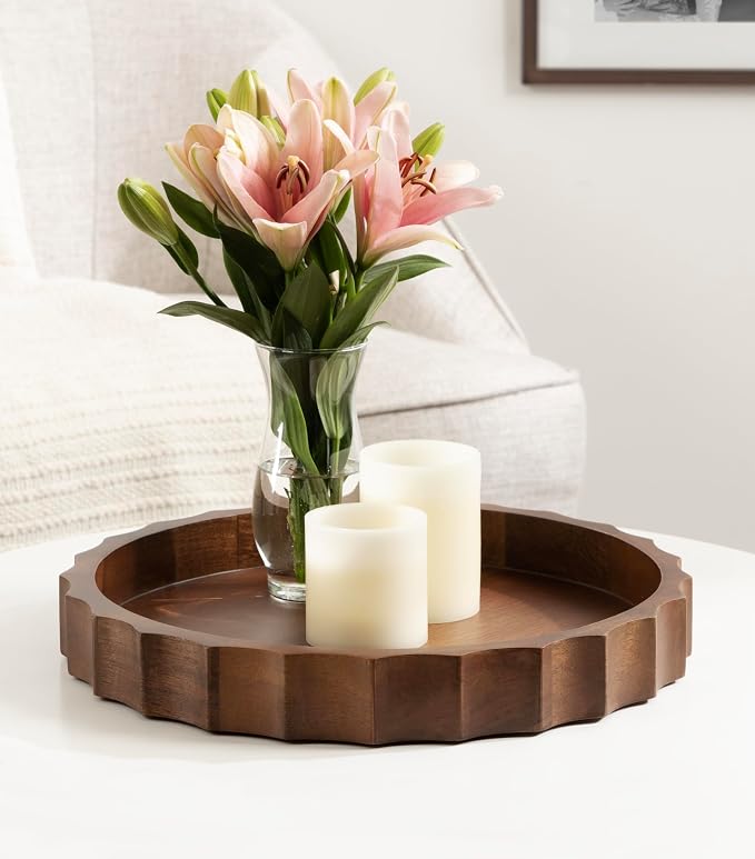 Kate and Laurel Lissi Decorative Round Tray with Wavy Design; 15 Inch Diameter; Walnut Brown; Mid-Century Modern Scalloped Circle Serving Tray for Coffee Table; Ottoman; or Entryway Decor