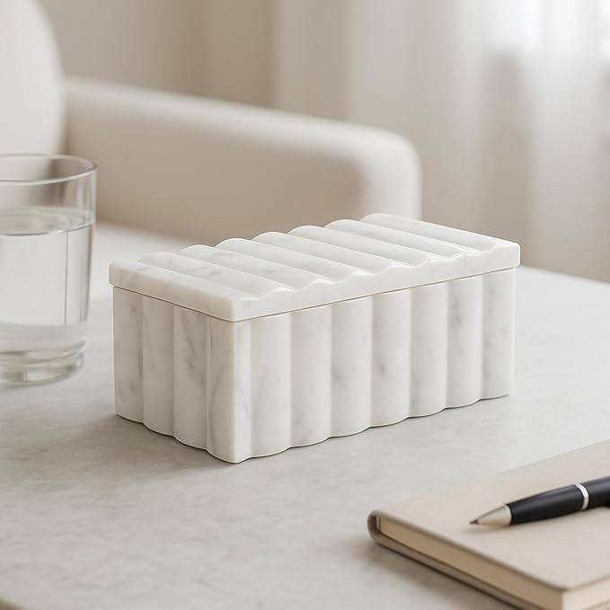 Marble Decorative Storage Box with Lid – Sculpted Fluted Home Organizer Keepsake Boxes for Jewelry – Chic Decorative Box for Office and Home Decor – 4"x3", White