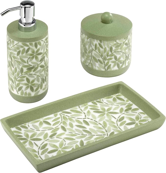 Avanti Linens - Bath Set, 3pc Countertop Accessories, Resin Lotion Pump, Covered Jar & Vanity Tray (Stratford Collection, Green)