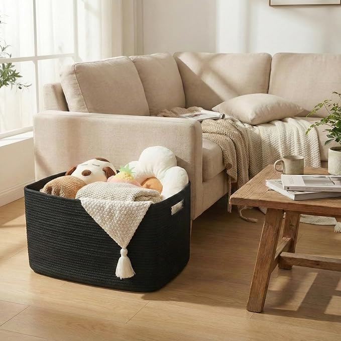 JMvicyroam 65L Large Woven Cotton Rope Blanket Basket, Black | Blanket storage for living room or bedroom use, Freestanding with reinforced handles, Entire basket is machine washable