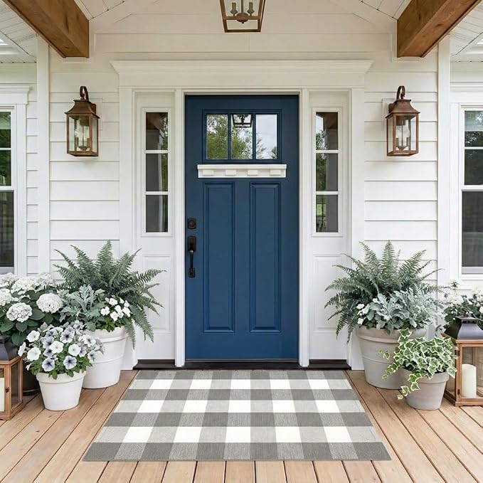 Buffalo Plaid Rug 2'4''x 3'7'' Grey and White Front Door Mat Reversible Layered Porch Rug Washable Hand Woven Cotton Area Rug for Indoor Outdoor Entryway Patio Porch Decor