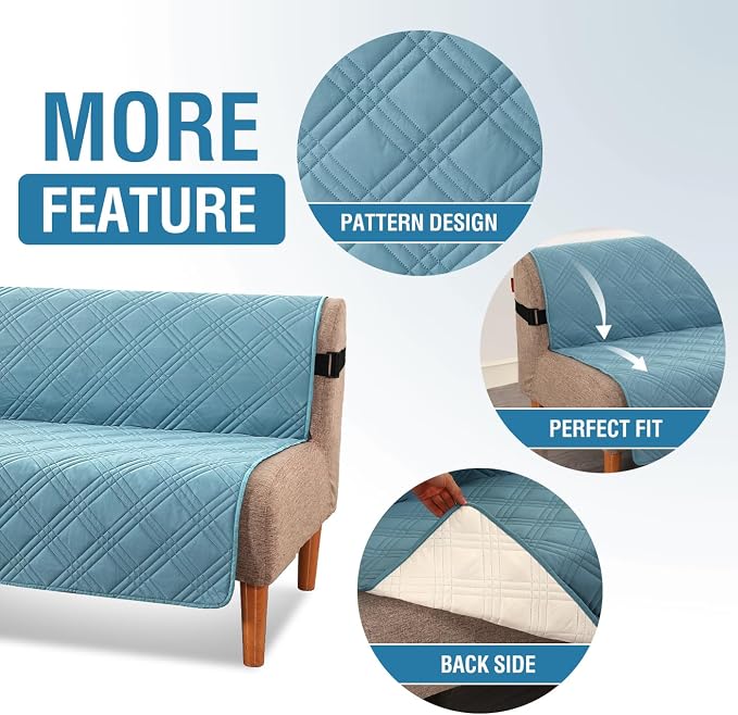 H.VERSAILTEX 100% Waterproof Futon Couch Cover Reversible Sofa Slipcovers Armless Daybed Cover Soft Thicken Sofa Bed Cover for Dog with Adjustable Elastic Strap Non-Slip, Smoke Blue/Beige