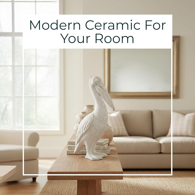 Modern Ceramic Standing Pelican Sculpture - Home Accent for Bathroom, Office, Room and Living Room - Ideal for Shelf and Coffee Table Decor Display - Figurine and Ornaments Accent - 14", White