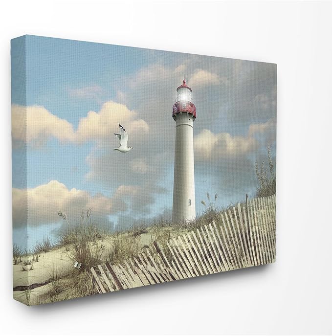 Stupell Industries 'Cape May Sand Dune Fence Lighthouse Beach Scene with Seagull', Canvas Art, 20 x 16 Inches, Easy to Hang and Sturdy, Made in USA, by Alan Giana & Company