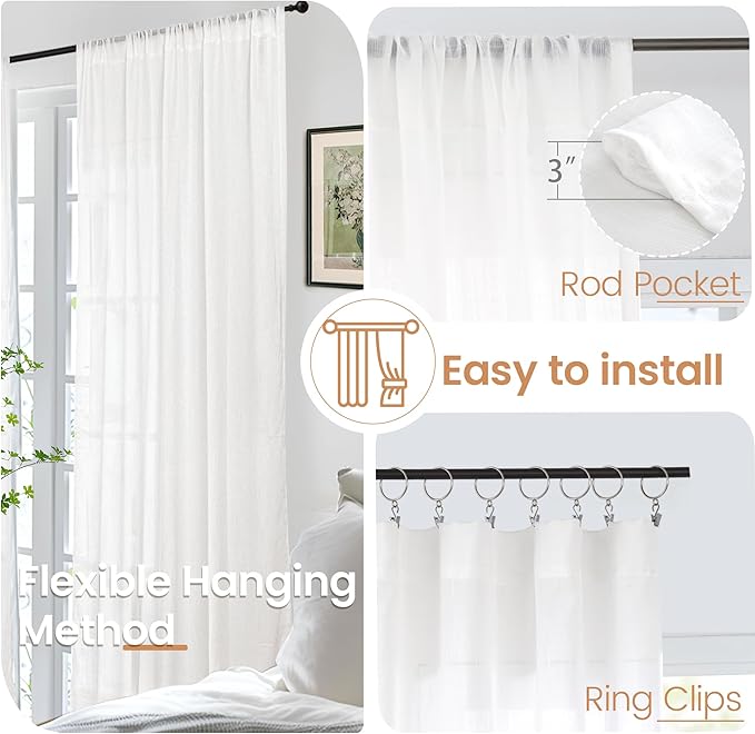 BGment Short White Curtains 40 Inch Length for Small Window - Linen Semi Sheer Drapes with Rod Pocket Light Filtering for Cafe Bedroom Kitchen Lightweight Rustic, 2 Panels Set, 30 X 40 Inch